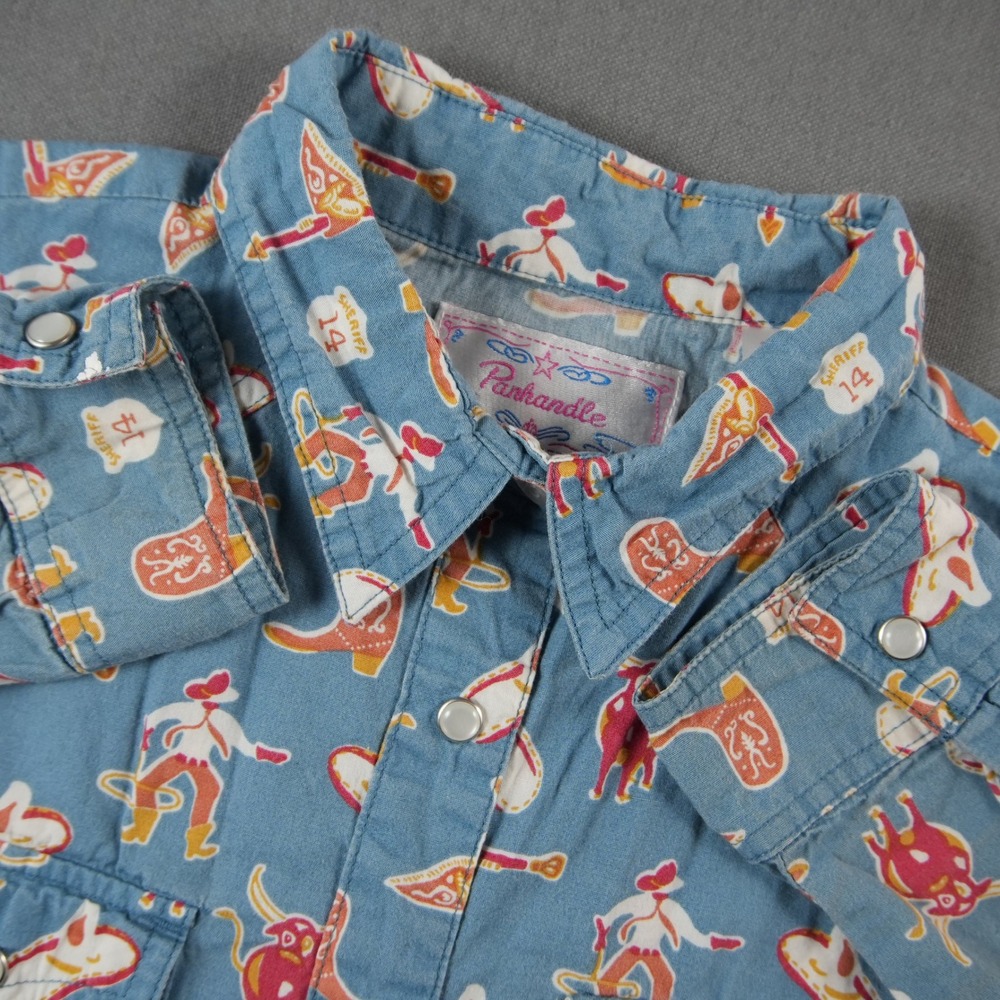 Vintage Panhandle Cowboy Western Snap Shirt Girls XL Blue Print Long Sleeve
